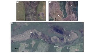 Three satellite images showing a floodplain