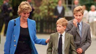 Prince William with Diana, Princess of Wales and Prince Harry on the day he joined Eton in September 1995. at the Various in Various, United Kingdom.