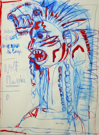 Blue and red ink abstract project sketch, white background