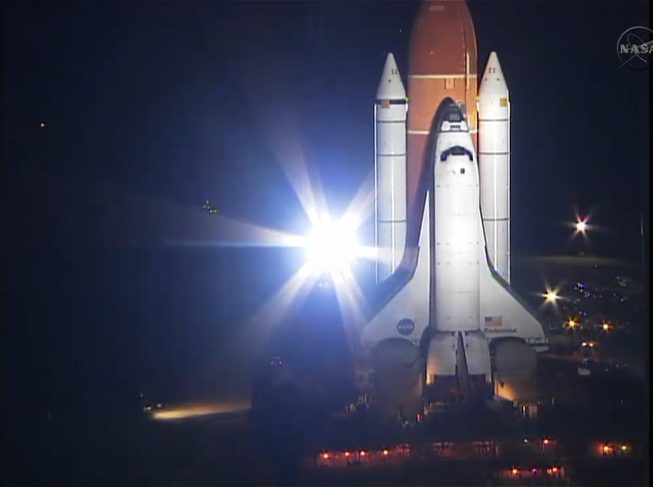 NASA&#039;s space shuttle Endeavour heads to the launch pad for its final mission, STS-134, while bathed in bright xenon spotlights on March 10, 2011 at NASA&#039;s Kennedy Space Center in Florida. Endeavour will fly its 25th and last mission during the STS-134 fli