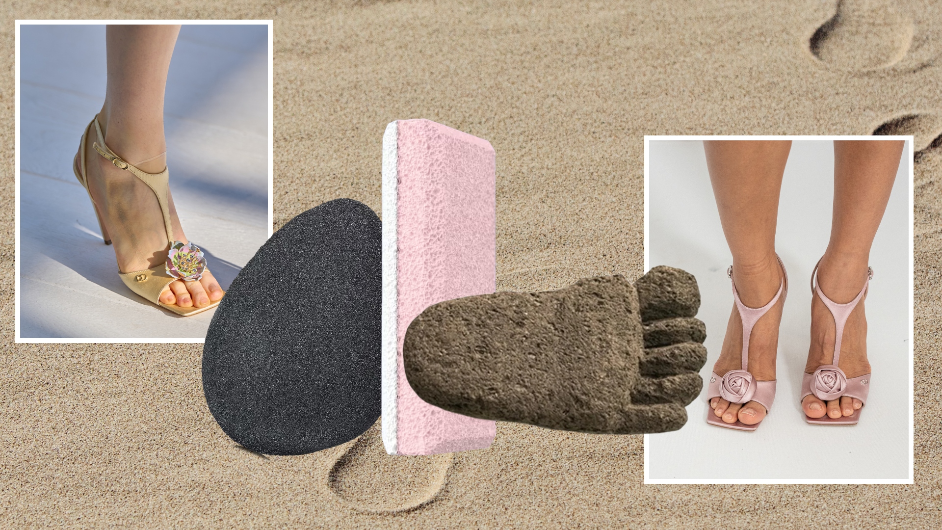 smooth feet on a sandy background with pumice stones