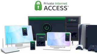 A cartoon of a number of devices, including a laptop, monitor, smartphones and games consoles, displaying the Private Internet Access app on-screen and sitting underneath the Private Internet Access Logo