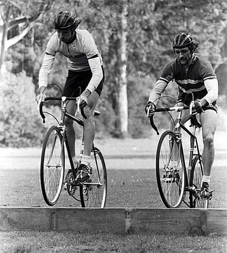 Bunny-hopping in Golden Gate Park. Jim Gentes (L), founder of Giro Helmets, challenging the barricades - and winning. Dan Nall, silver medal in 1975 behind Laurence Malone, is on the right.