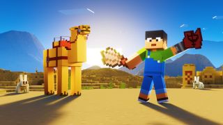 Minecraft - a player holds an artefact while standing beside a camel in a desert.