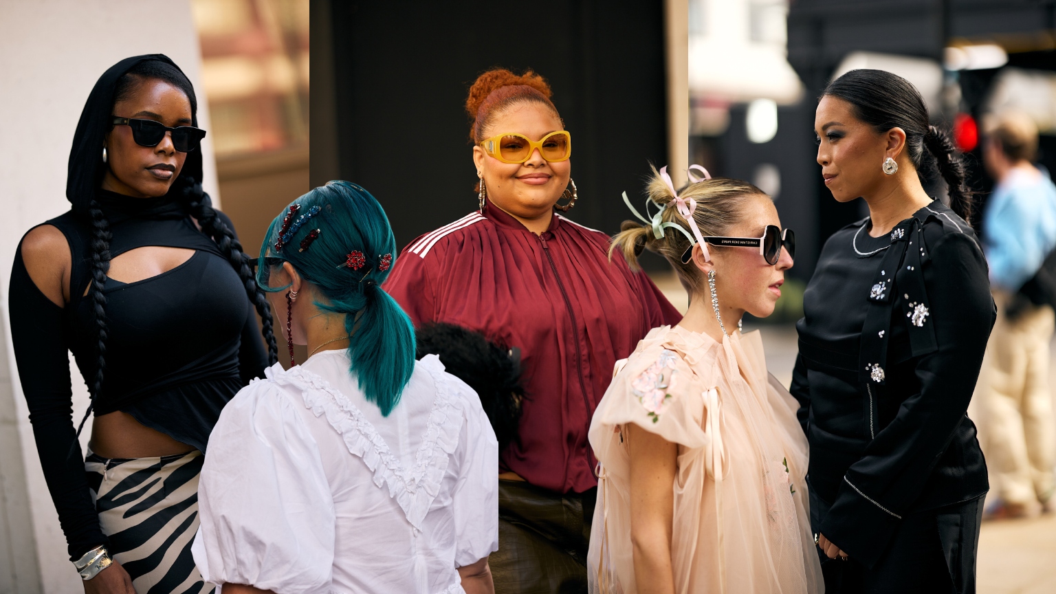 a collage of five women with glamorous hair and makeup and stylish outfits
