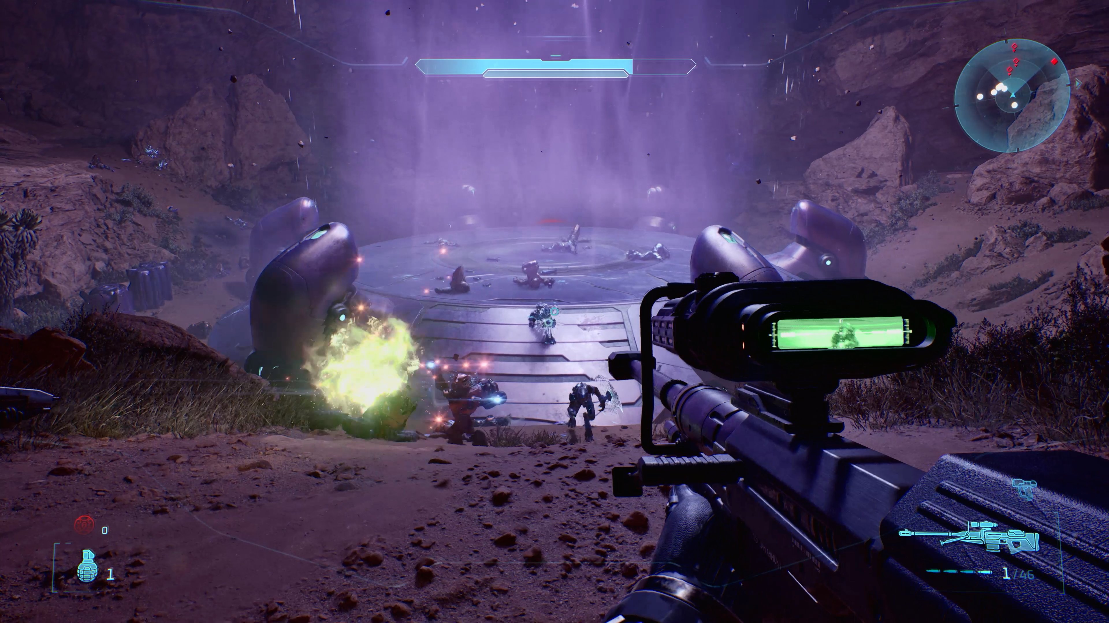 First-person sniper combat against Covenant forces near a mysterious structure bathed in purple energy.