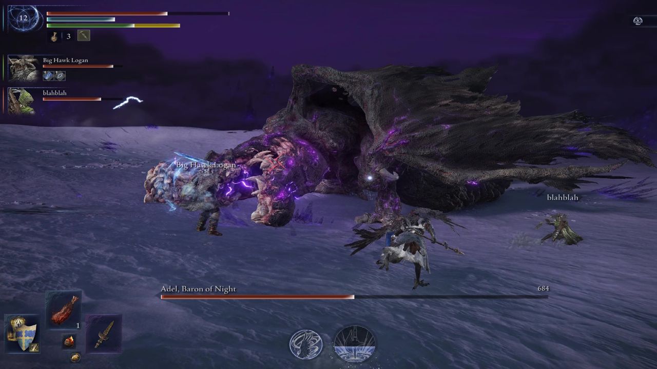 Elden Ring Nightreign Adel boss Gaping Jaw guide: Adel about to bite a Raider as it charges electricity.