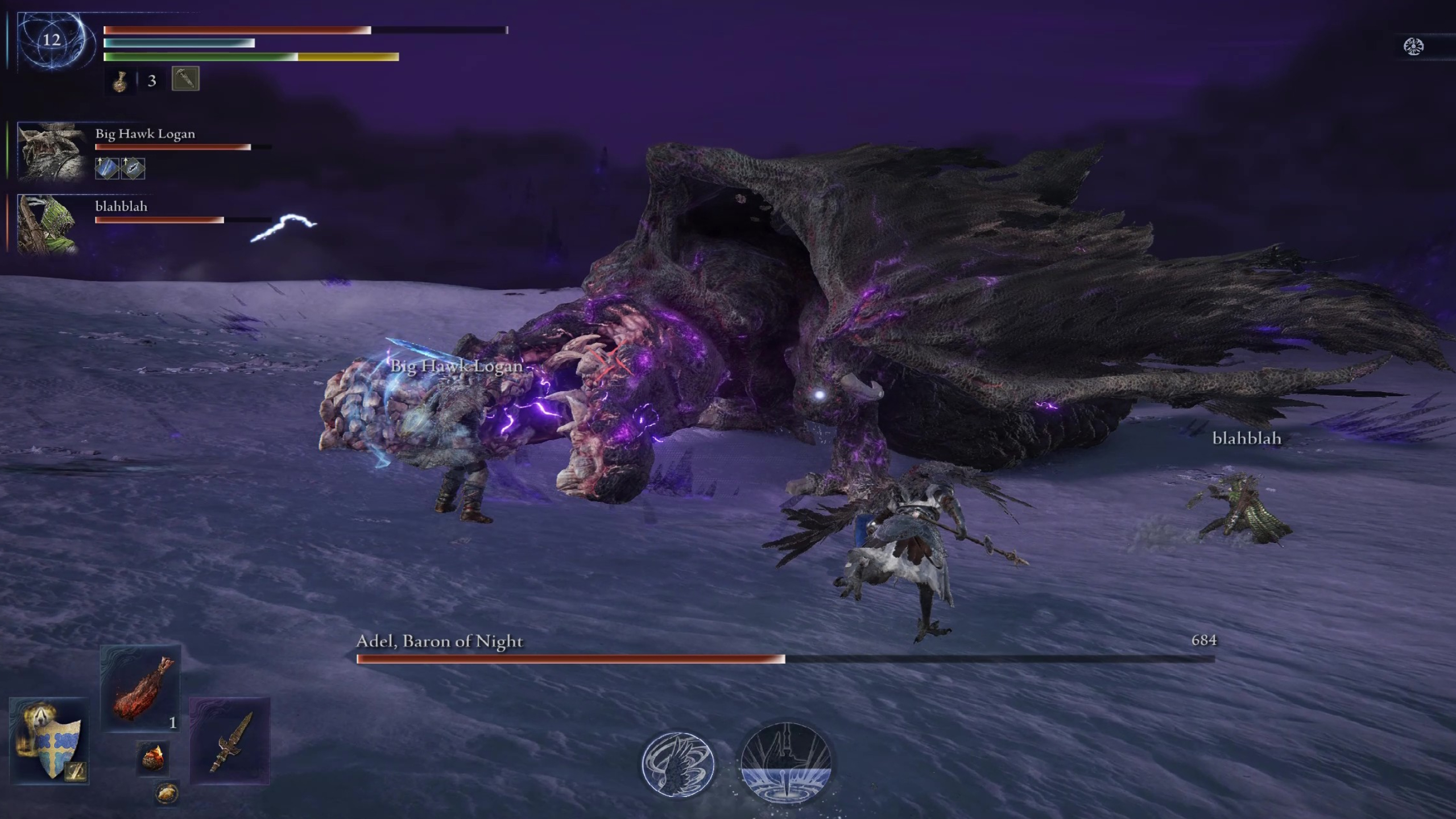 Elden Ring Nightreign Adel boss Gaping Jaw guide: Adel about to bite a Raider as it charges electricity.