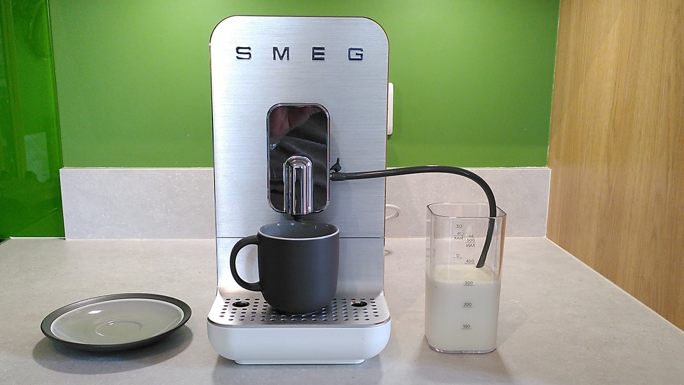 Smeg BCC13 coffee maker with milk system attached