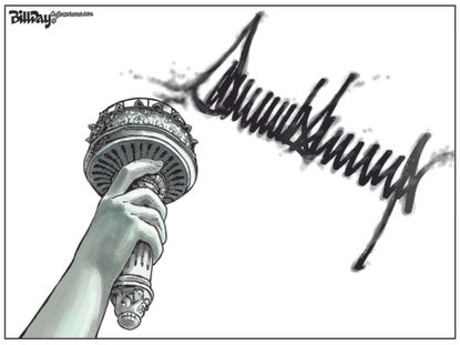 Political cartoon U.S. Trump Statue of Liberty human rights