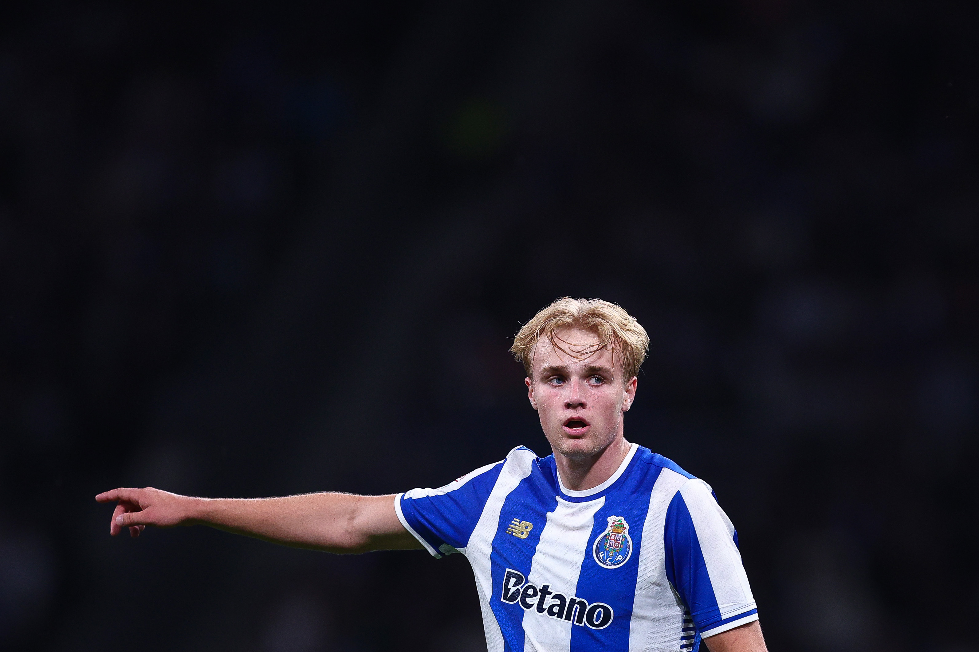 Midfielder Victor Froholdt pointing during a match for Porto