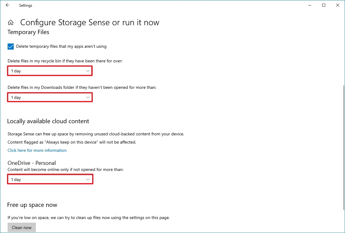 Storage Sense advanced settings