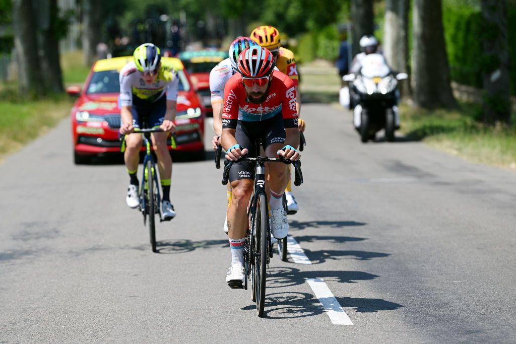 SALINSLESBAINS JUNE 08 Thomas De Gendt of Belgium and Team Lotto Dstny competes in the breakaway during the 75th Criterium du Dauphine 2023 Stage 5 a 1911km stage from CormoranchesurSane to SalinslesBains UCIWT on June 08 2023 in SalinslesBains France Photo by Dario BelingheriGetty Images
