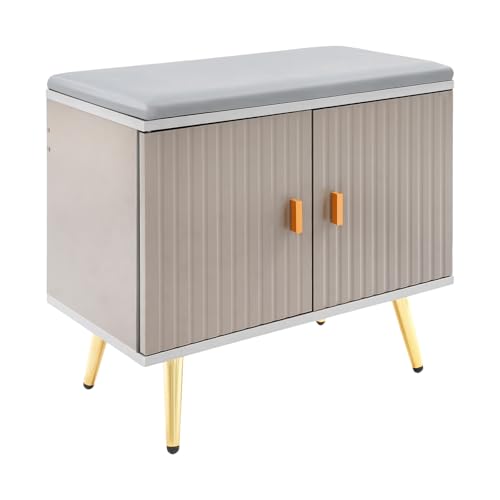 Home Shoe Bench With Storage - 23.6&quot; Entryway Shoe Changing Bench - Pu Cushioned Stool, Shoe Storage Bench With Seat - 220 Lbs Capacity for Hallway, Living Room, Bedroom, Light Grey+gold