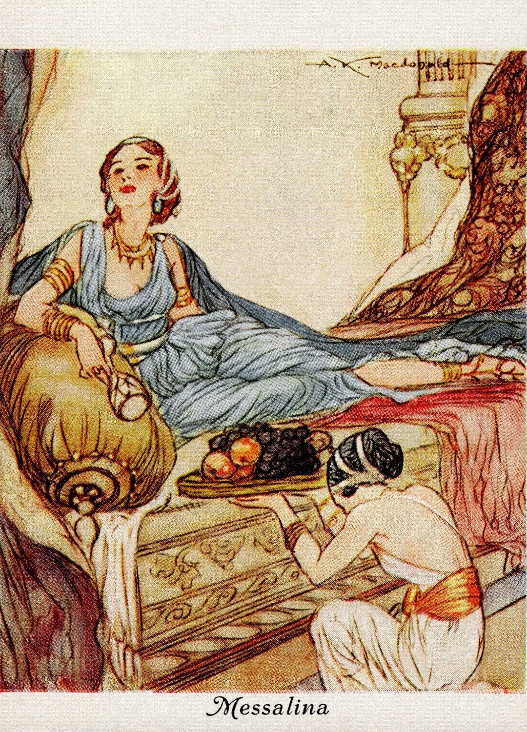 A colourful picture of Messalina reclining on a chez lounge sofa