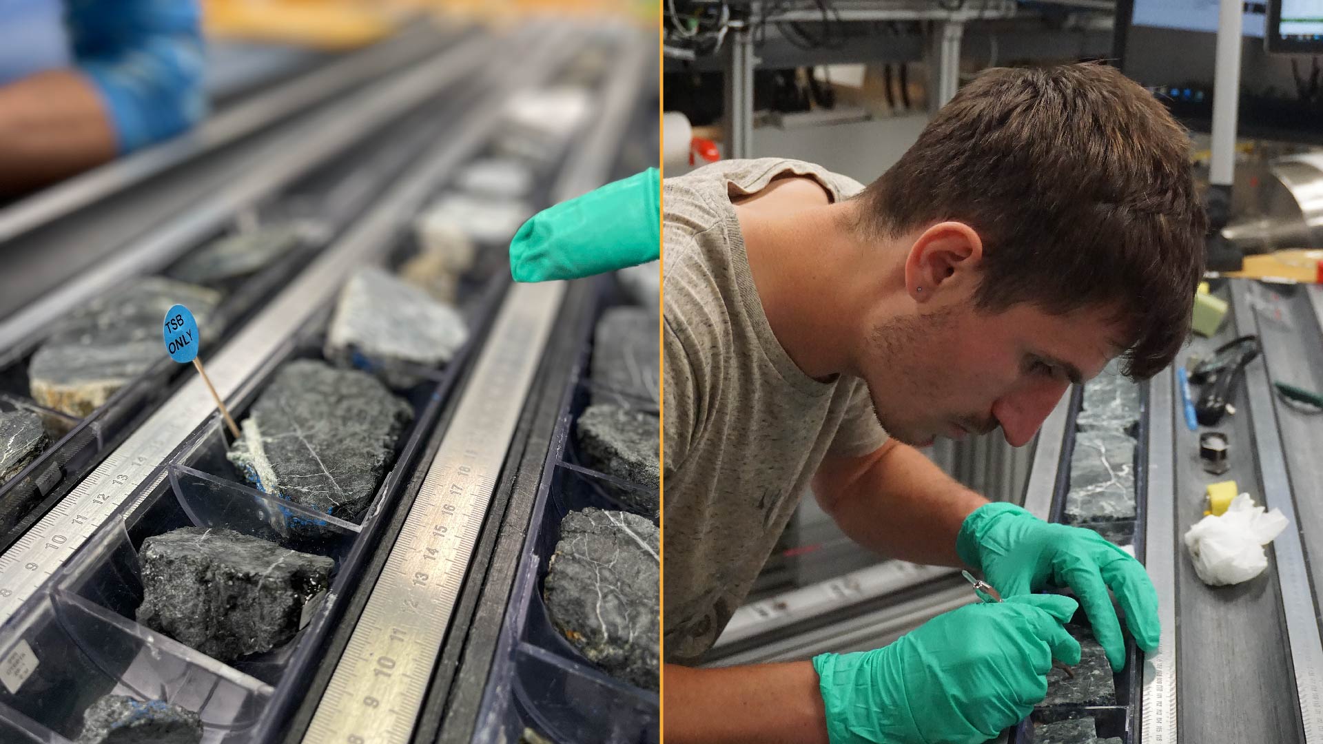 On the left, a gloved hand points at small rock samples. On the right, a man analyzes the samples.