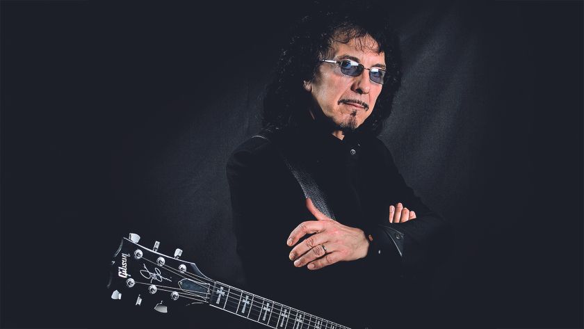 Black Sabbath guitarist Tony Iommi, with his signature Gibson SG electric guitar. During a shoot for Guitarist Magazine, April 7, 2009. 