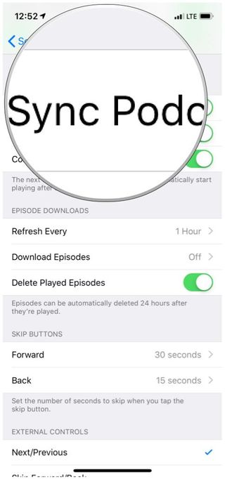 Apple Podcasts settings Sync Podcasts option