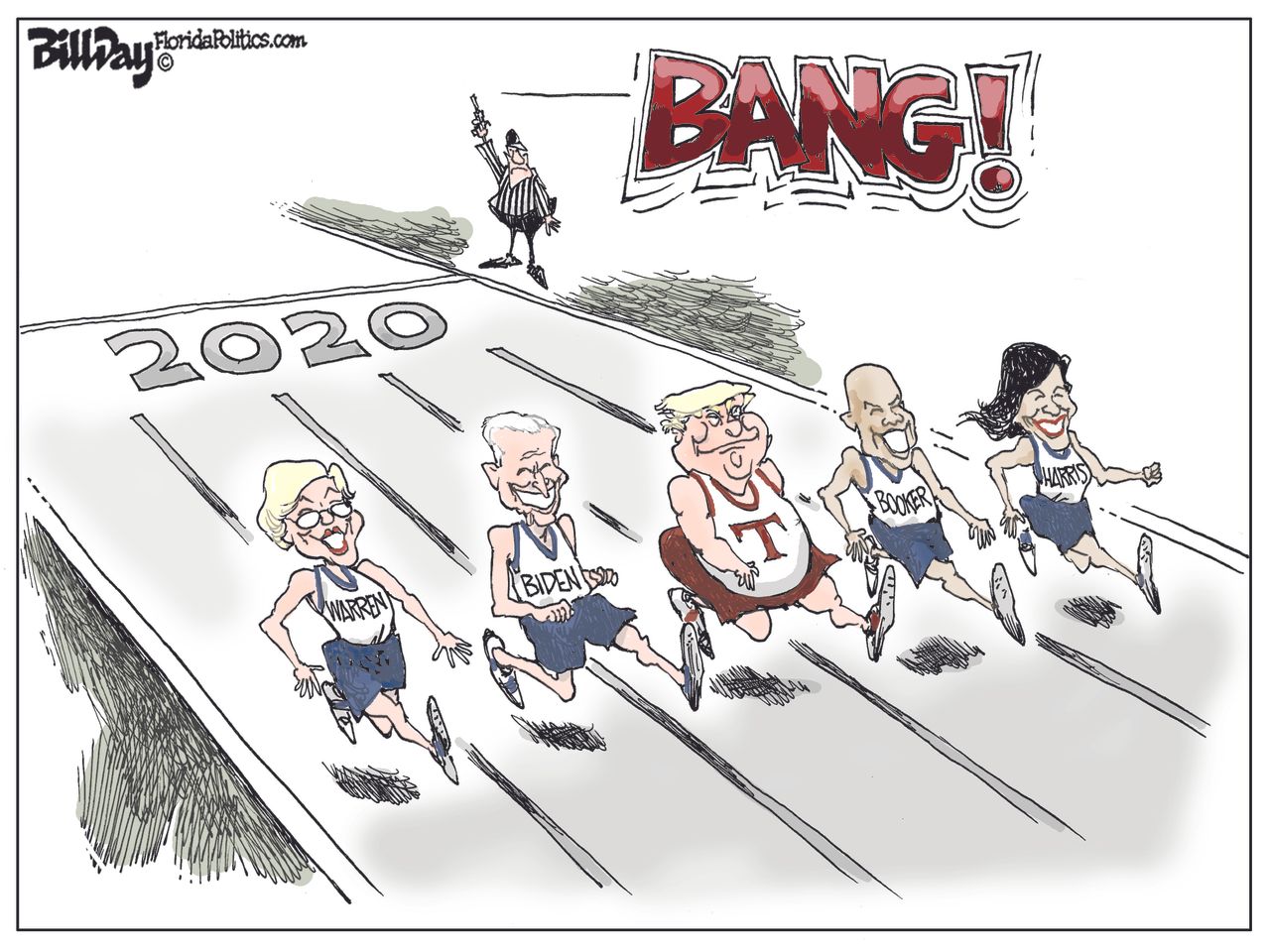 Political cartoon U.S. 2020 presidential race Elizabeth Warren Joe Biden Trump Cory Booker Kamala Harris