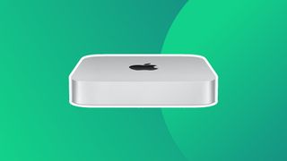 A single Mac Mini (M2, 2023) with a white border, with a green background.