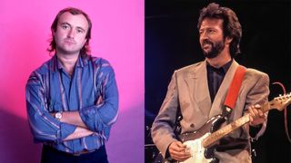 LEFT: Phil Collins poses for a studio portrait during his No Jacket Required Tour on June 27, 1985 at the Pine Knob Music Theatre in Clarkston, Michigan. RIGHT: Eric Clapton joins Mark Knopfler of Dire Straits in concert at Wembley 1988 