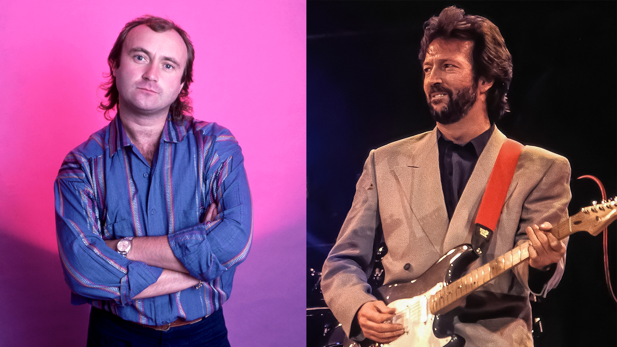 LEFT: Phil Collins poses for a studio portrait during his No Jacket Required Tour on June 27, 1985 at the Pine Knob Music Theatre in Clarkston, Michigan. RIGHT: Eric Clapton joins Mark Knopfler of Dire Straits in concert at Wembley 1988 