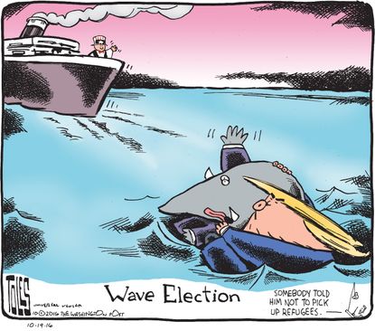 Political cartoon U.S. 2016 election Donald Trump GOP wave election