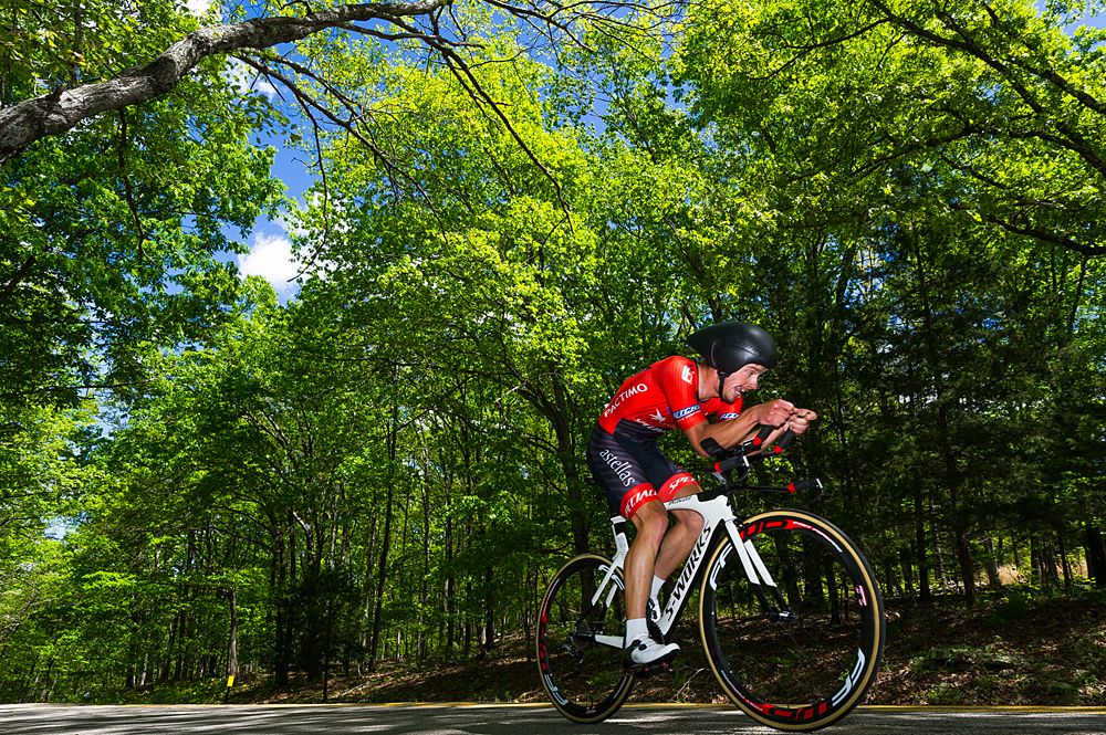 An Astellas Cycling Team (USA) rider makes his way up the switchback section of the course.