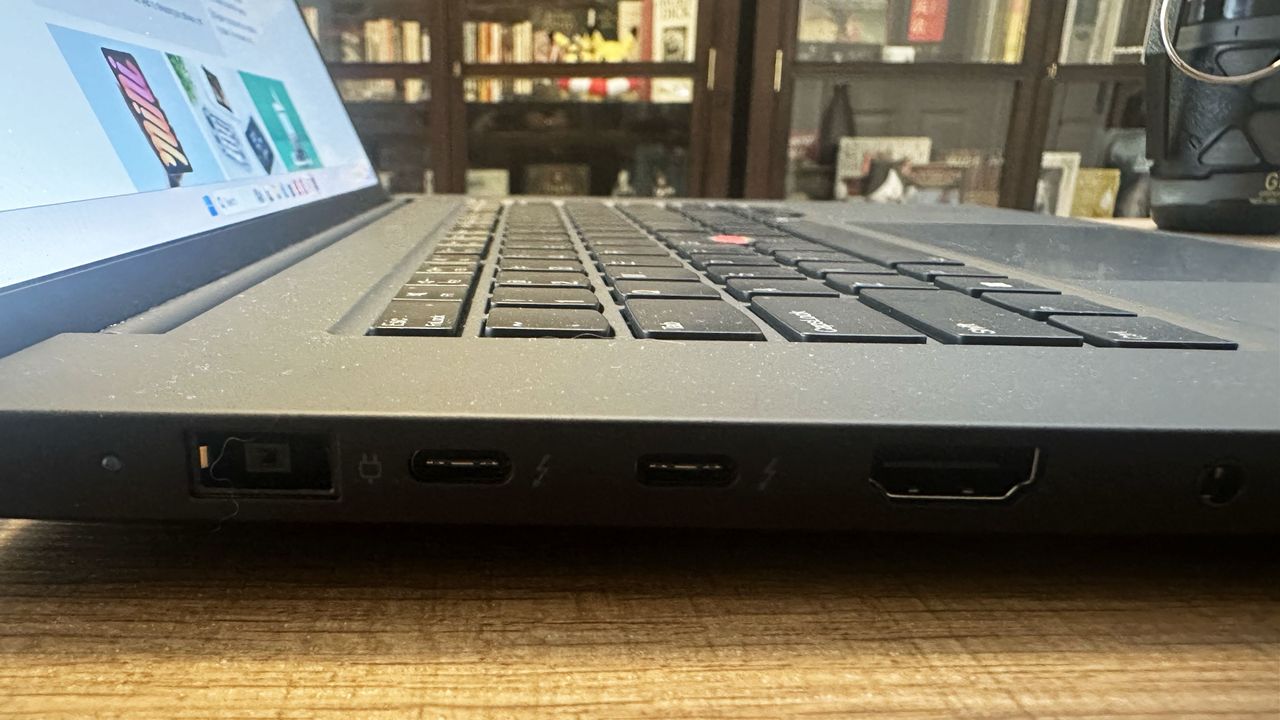 A close-up of the side ports on a laptop.