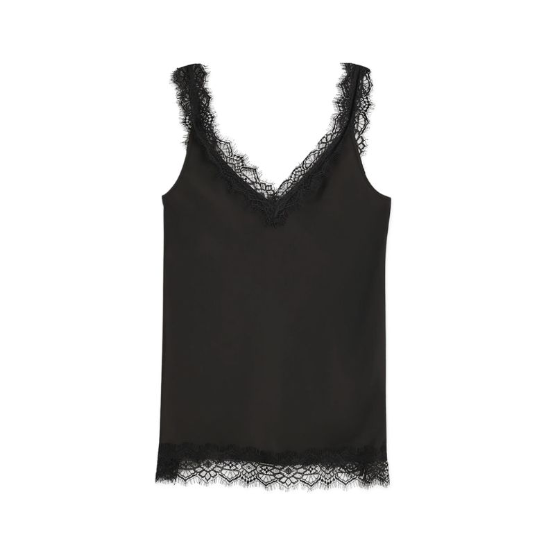 A black long length lace trimmed black camisole from River Island