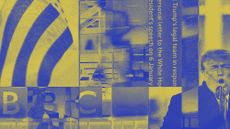 Photo composite illustration of Donald Trump speaking on January 6 2021, and the BBC HQ