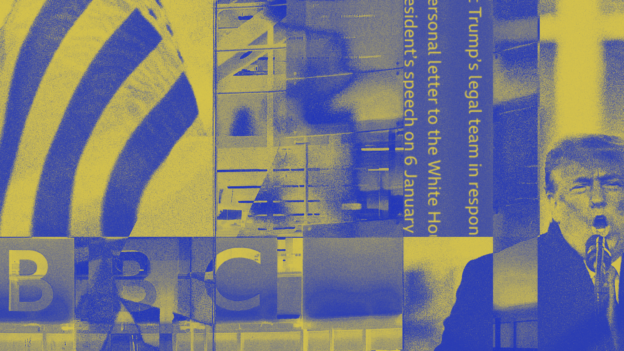 Photo composite illustration of Donald Trump speaking on January 6 2021, and the BBC HQ