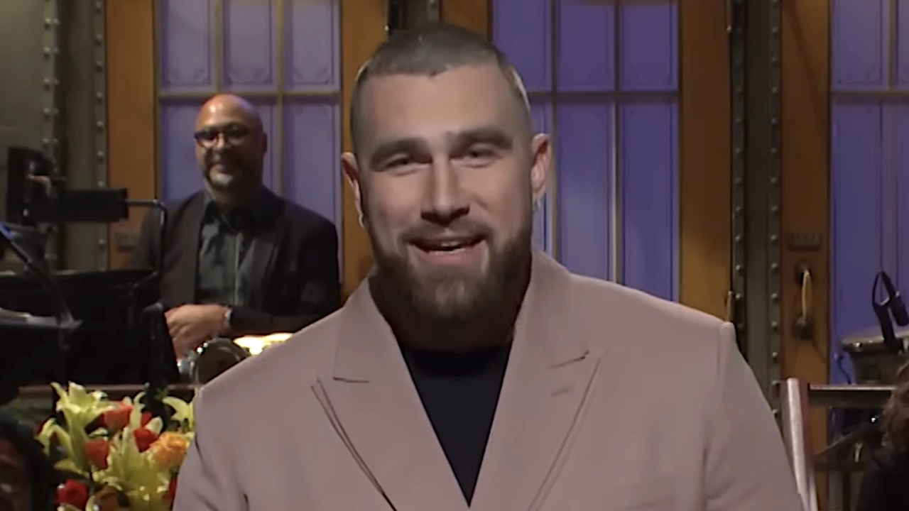 Travis Kelce delivering monologue on Saturday Night Live