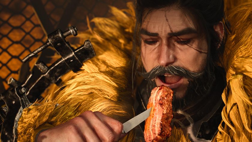 Monster Hunter Wilds; a bearded man eats meat