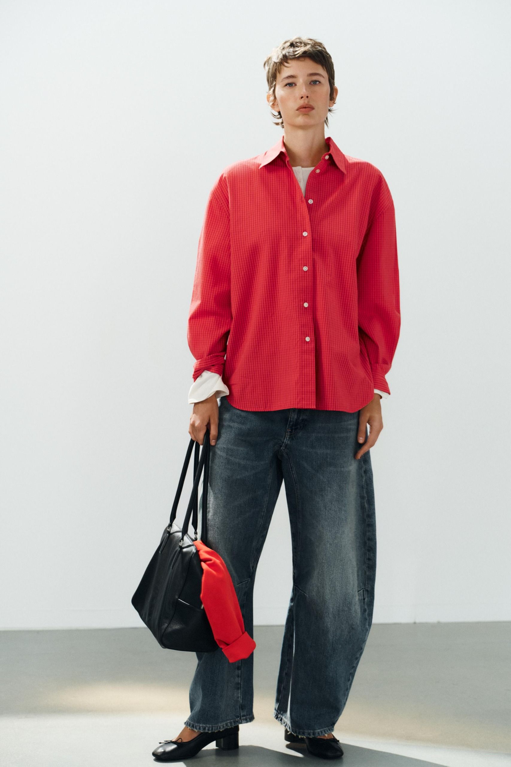Oversize Checked Poplin Shirt - Red / Black - Xs