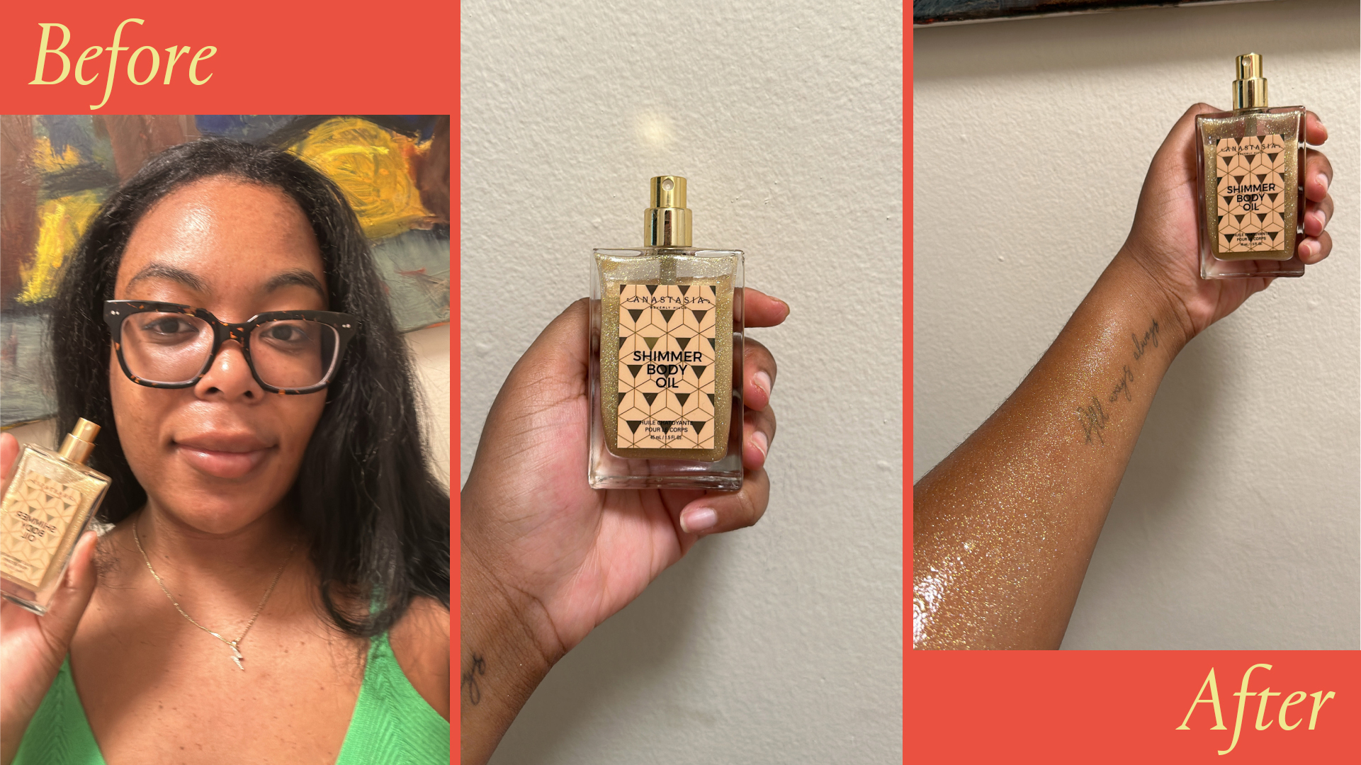 Ariel Baker testing the Anastasia Beverly Hills Shimmer Body Oil Sun-Kissed Glow.