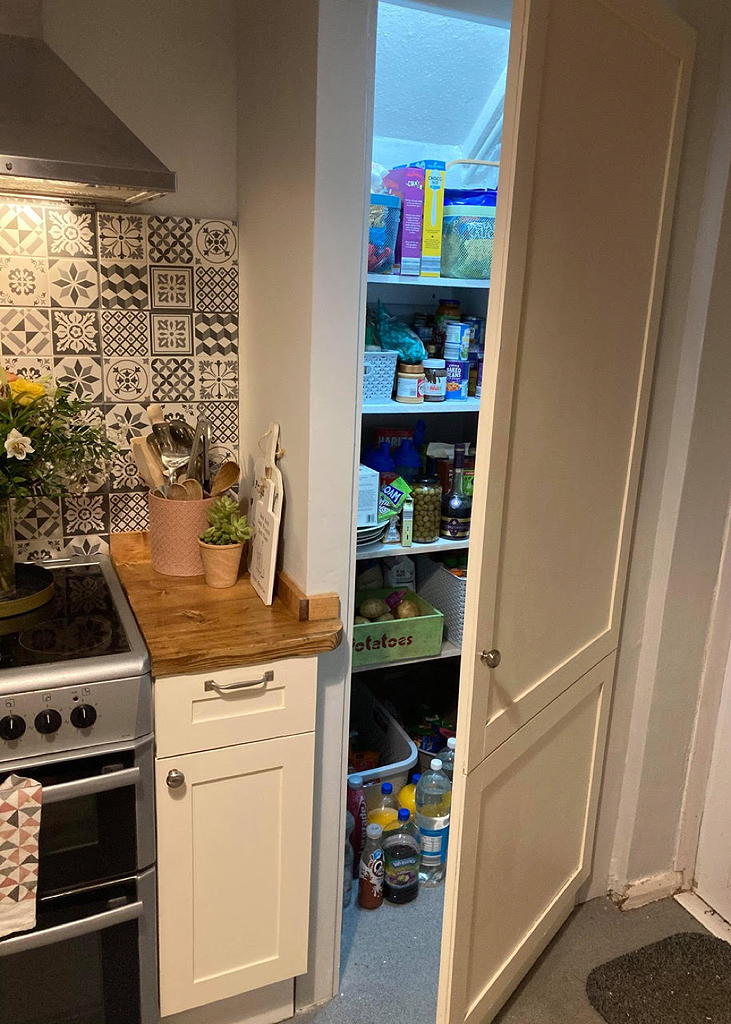 kitchen with food store and pantry