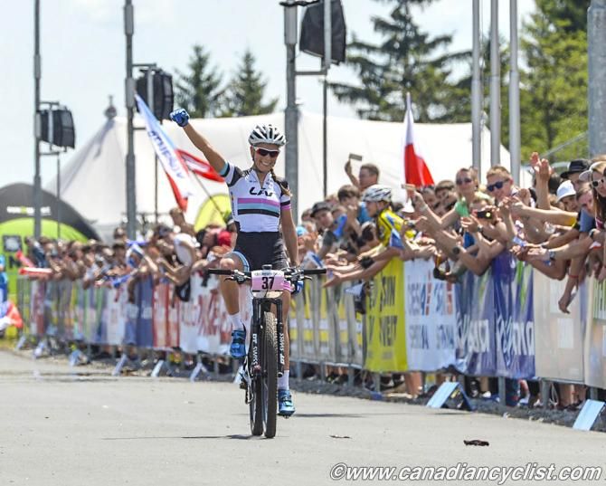 Pauline Ferrand Prevot (Liv Pro XC Team) wins the elite women's World Cup race in Nove Mesto, Czech Republic