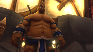 A big ogre in World of Warcraft: Forever standing in front of the Auction House.