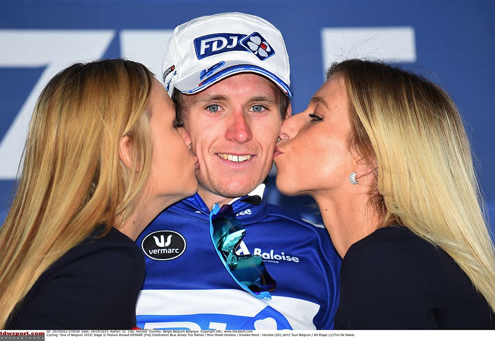 Arnaud Demare (FDJ) gets his podium kisses
