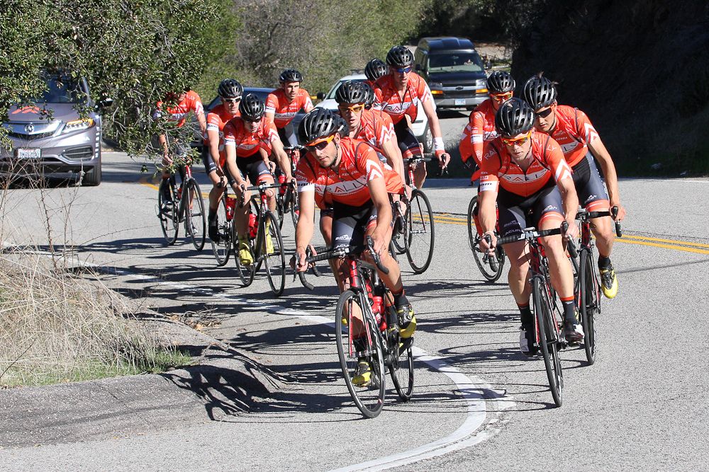 Rally Cycling riders climb out of Thousand Oaks, California.
