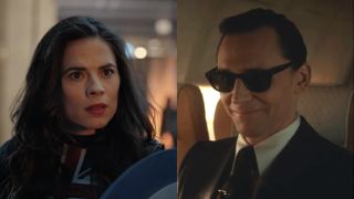 Hayley Atwell dressed as Captain Carter in Doctor Strange in the Multiverse of Madness, pictured next to Tom Hiddleston dressed as D.B. Cooper in Loki. 