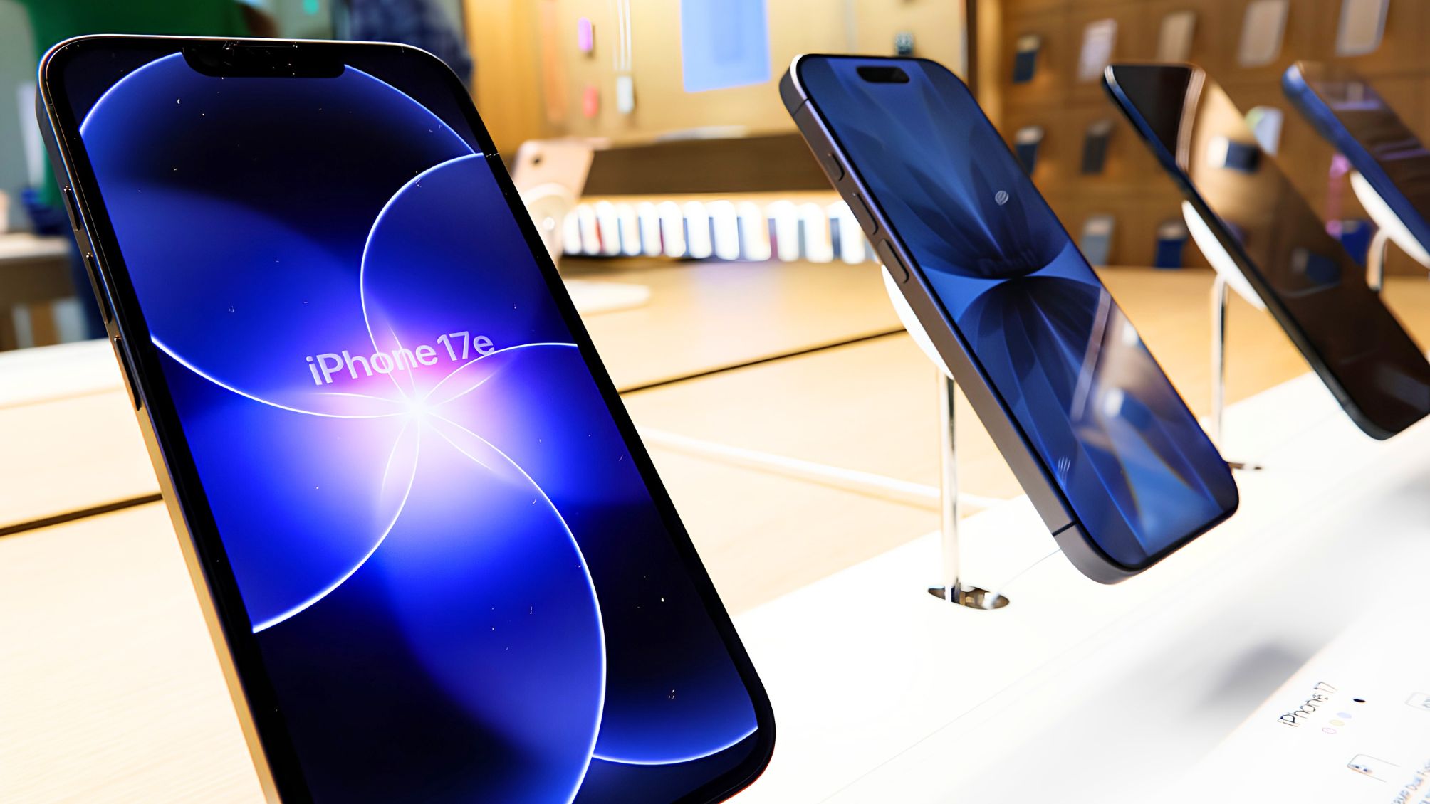 An iPhone 17e is displayed inside of the Apple Carnegie Library store