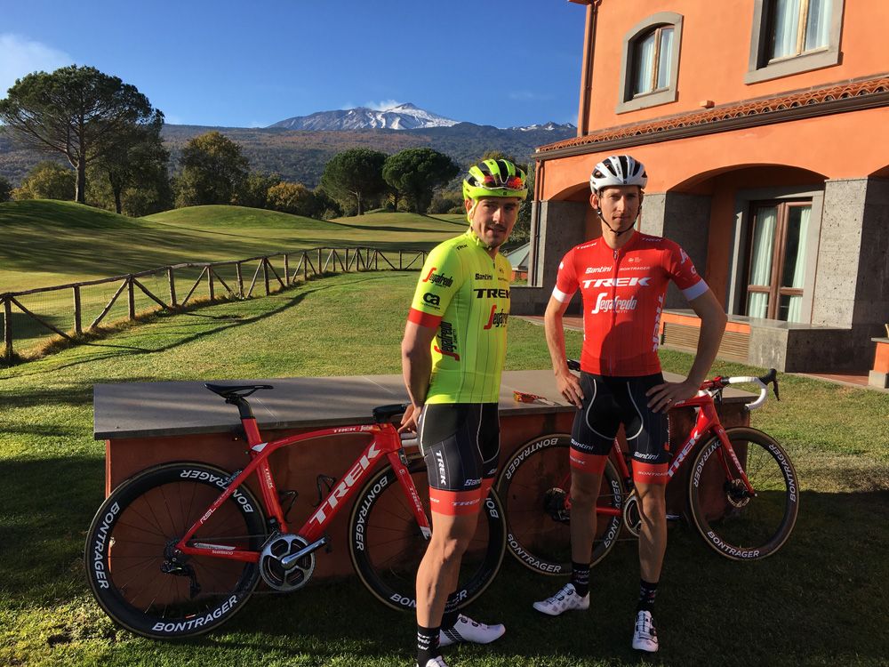 John Degenkolb and Bauke Mollema show off Trek-Segafredo's new colours and new bikes