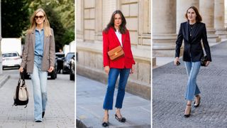 A composite of street style influencers showing jeans be business casual with a checked blazer, a red blazer and a black blazer