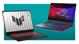 The Asus TUF Gaming A16 and Asus ROG Strix G16 gaming laptops on a teal deals background