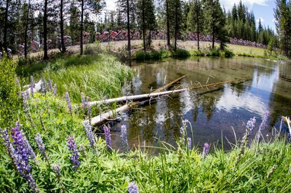 The men pass by clear waters and wildflowers along todays route