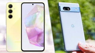 Composite image between the Samsung Galaxy A55 and Google Pixel 7a.