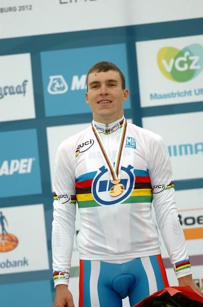 Anton Vorobyev (Russian Federation) on the top step of the podium for the U23 time trial Worlds.