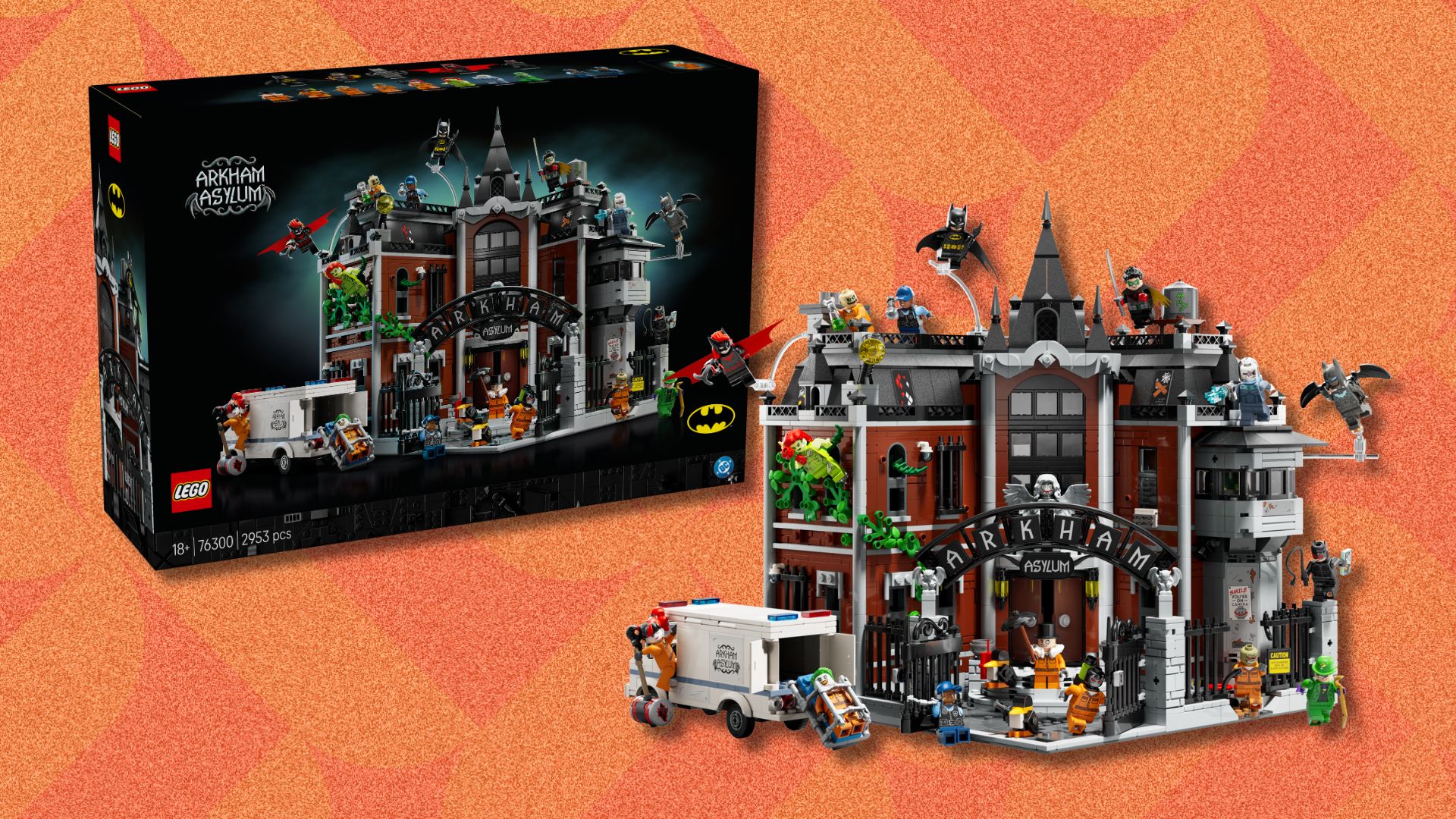 an image of the box and the set fully completed. They are a product cut out against an orange patterned background